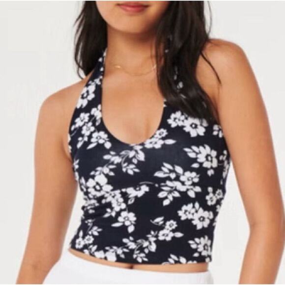 Hollister Floral Printed Halter Cut Tank Top V Neck Crop Top Dark Blue NEW XXL - Picture 1 of 7